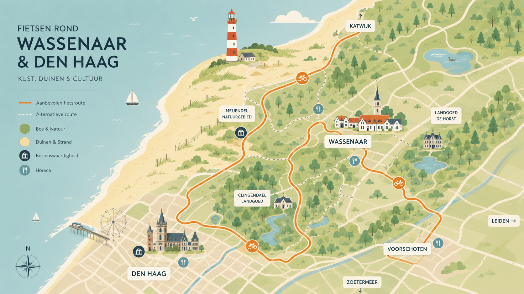 Fietsroutes kaart Wassenaar en Den Haag – kust, duinen en cultuur