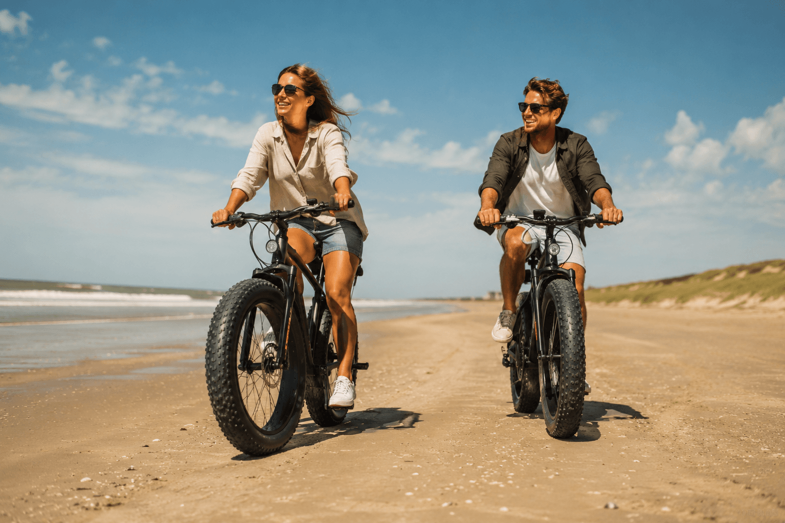 Stel rijdt fatbikes op het strand bij Wassenaar