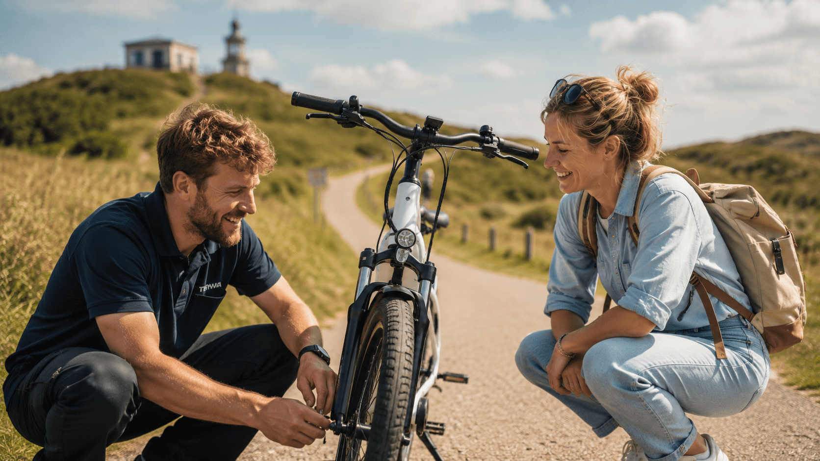WassenaarBikes monteur helpt fietser onderweg in de duinen
